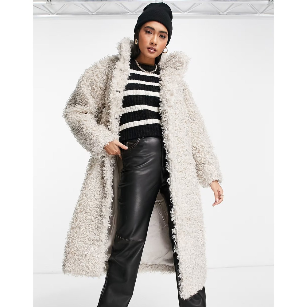 & Other Stories Womens Curly Sheepskin Faux Fur Deep Pile Wool Blend Long Coat